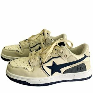 youthful beige & navy star sneakers dynamic street style 8792