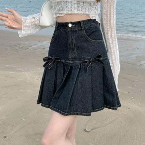 youthful bow denim skirt pleated & chic streetwear 6212