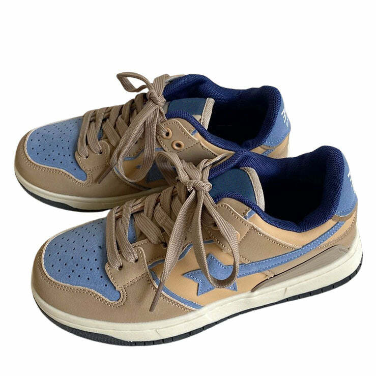 youthful brown & blue star sneakers dynamic street style 8494