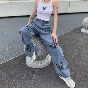 youthful butterfly print jeans   trendy & vibrant streetwear 6478