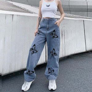 youthful butterfly print jeans   trendy & vibrant streetwear 7124