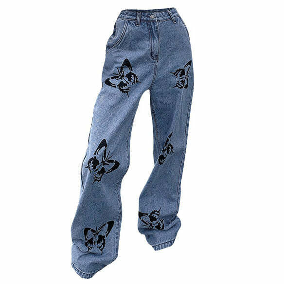 youthful butterfly print jeans   trendy & vibrant streetwear 8128