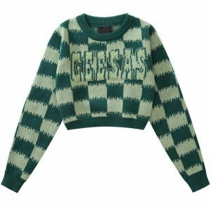 youthful checkered crop sweater fuzzy & chic comfort 4576