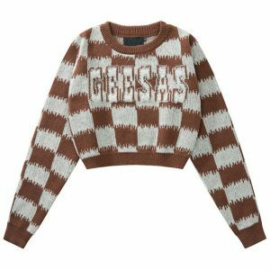 youthful checkered crop sweater fuzzy & chic comfort 5508