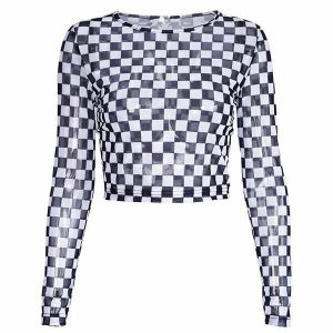youthful checkered crop top long sleeve & trendy style 3303