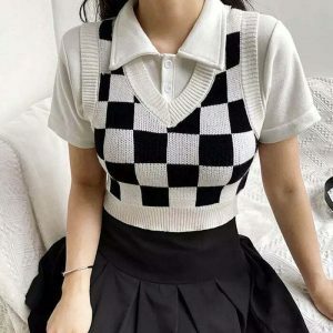youthful checkered knit vest   trendy & crafted design 3826