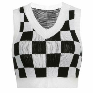youthful checkered knit vest   trendy & crafted design 8532