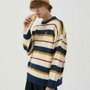 youthful croissant embroidery striped pullover chic design 5615