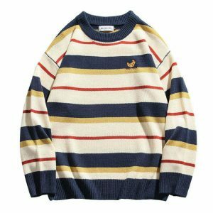 youthful croissant embroidery striped pullover chic design 7430