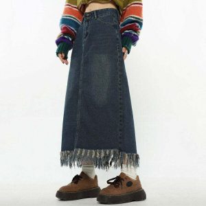 youthful denim fringe skirt aesthetic & trendy design 5425