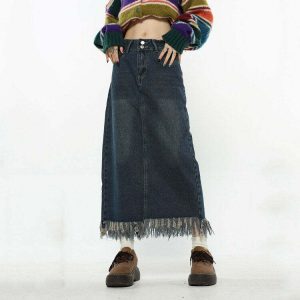 youthful denim fringe skirt aesthetic & trendy design 5734