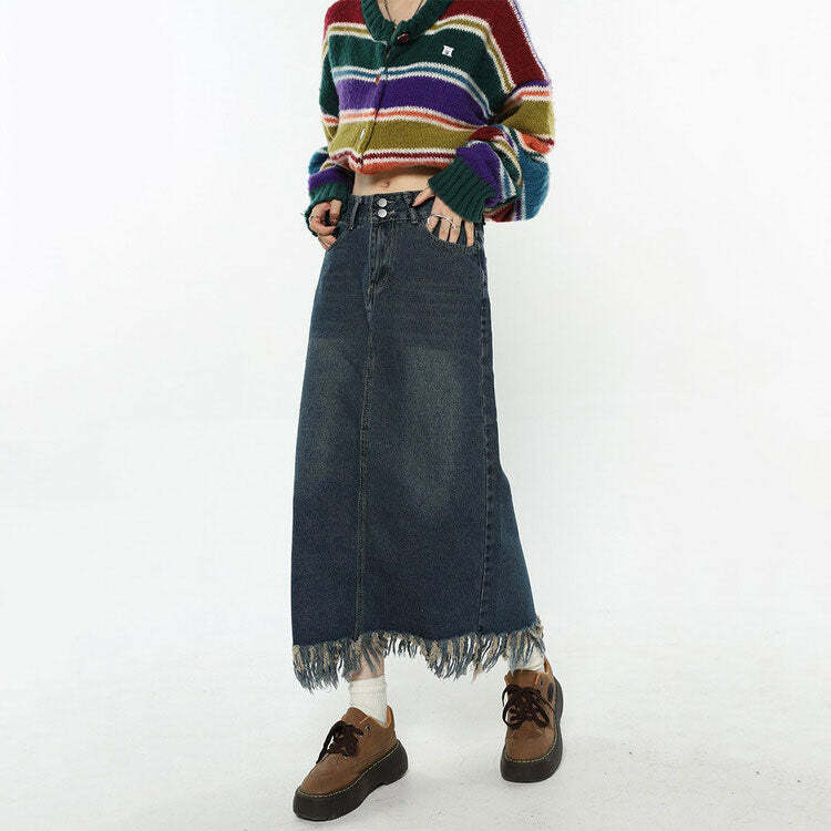 youthful denim fringe skirt aesthetic & trendy design 8266