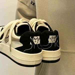 youthful face embroidery black sneakers aesthetic appeal 7357