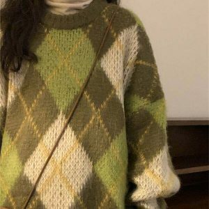 youthful green argyle sweater fresh & preppy style 4153
