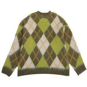youthful green argyle sweater fresh & preppy style 6018