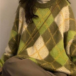 youthful green argyle sweater fresh & preppy style 6969