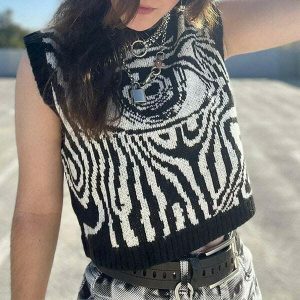 youthful grunge eyes cropped vest iconic knit design 3574