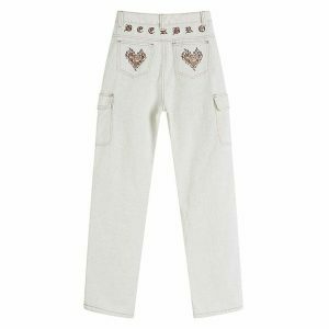 youthful heart embroidered cargo jeans   retro & trendy 2510