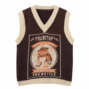 youthful kitty knitted vest   chic & playful streetwear 8139