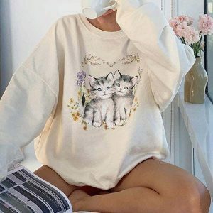 youthful kitty print sweatshirt   cozy & trendy comfort 3859