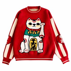 youthful maneki neko sweater quirky & iconic style 2075