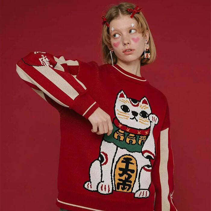 youthful maneki neko sweater quirky & iconic style 8470