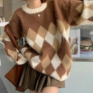 youthful mocha argyle sweater fuzzy & chic design 3503