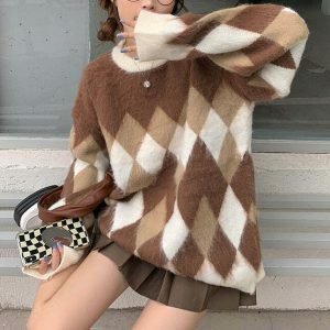 youthful mocha argyle sweater fuzzy & chic design 4332