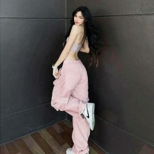 youthful pastel pink cargo pants   chic & trendy streetwear 8945