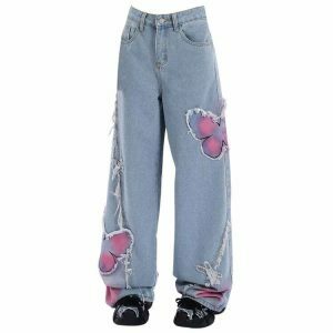 youthful pink butterfly jeans wide leg & trendy design 1669