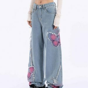 youthful pink butterfly jeans wide leg & trendy design 6420