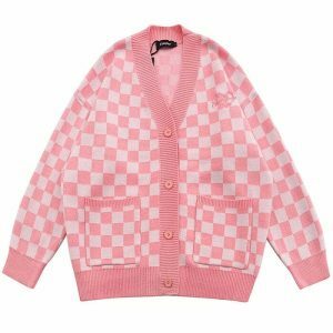 youthful pink checkered cardigan   retro charm meets modern 5349