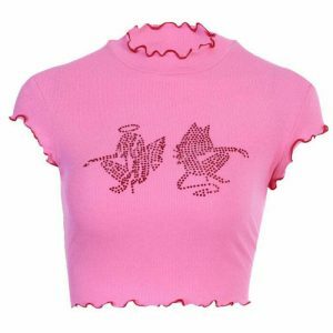 youthful rhinestone crop top angel & devil design 2186