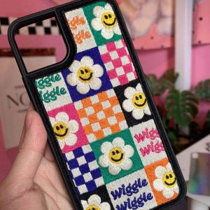 youthful smiley flower embroidery iphone case crafted design 3192