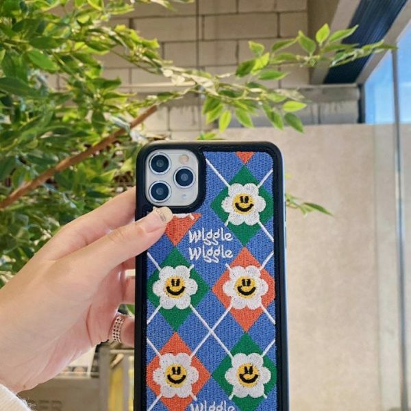youthful smiley flower embroidery iphone case crafted design 8202