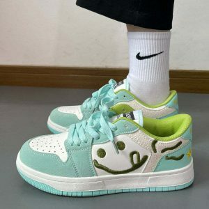 youthful smiling face embroidered sneakers in mint green 6339