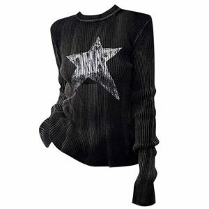 youthful star print ribbed top long sleeve & trendy fit 4837