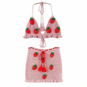 youthful strawberry crochet co ord top & skirt set 5272