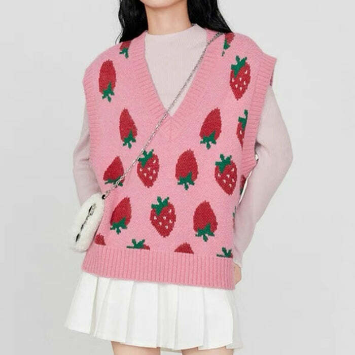 youthful strawberry knit vest   chic & vibrant style 3379