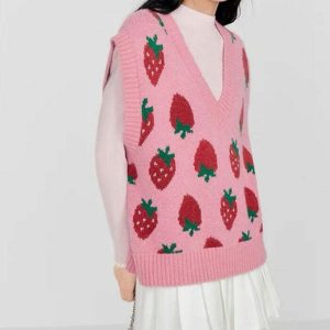 youthful strawberry knit vest   chic & vibrant style 4488