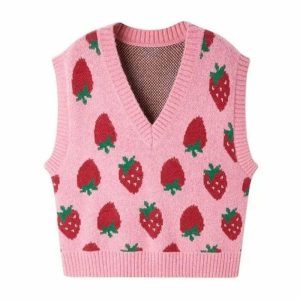 youthful strawberry knit vest   chic & vibrant style 7298