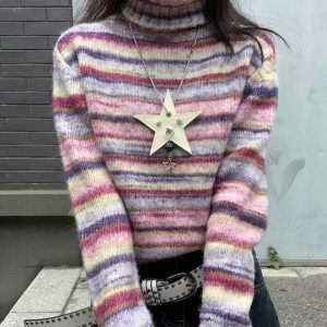 youthful striped turtleneck sweater   streetwear icon 8815