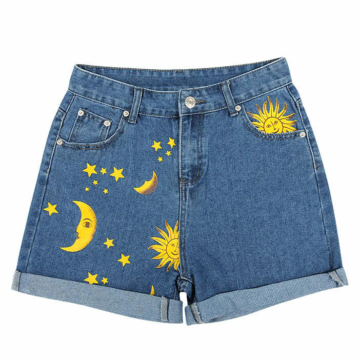 youthful sun & moon print shorts   trendy streetwear vibes 4447