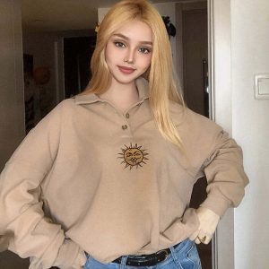 youthful sun embroidered sweatshirt chic button up design 2243