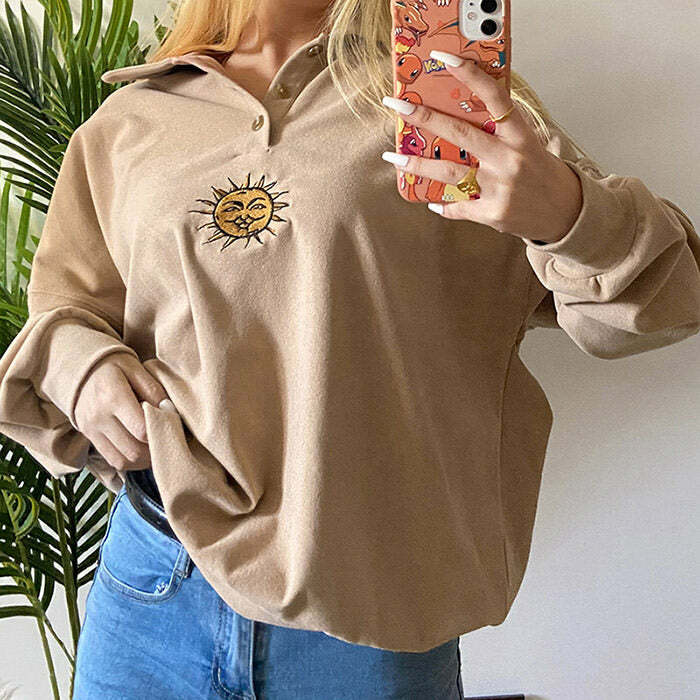 youthful sun embroidered sweatshirt chic button up design 7670