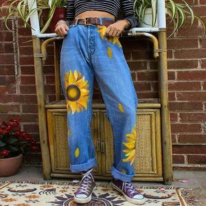 youthful sunflower mom jeans   retro charm & comfort 7357