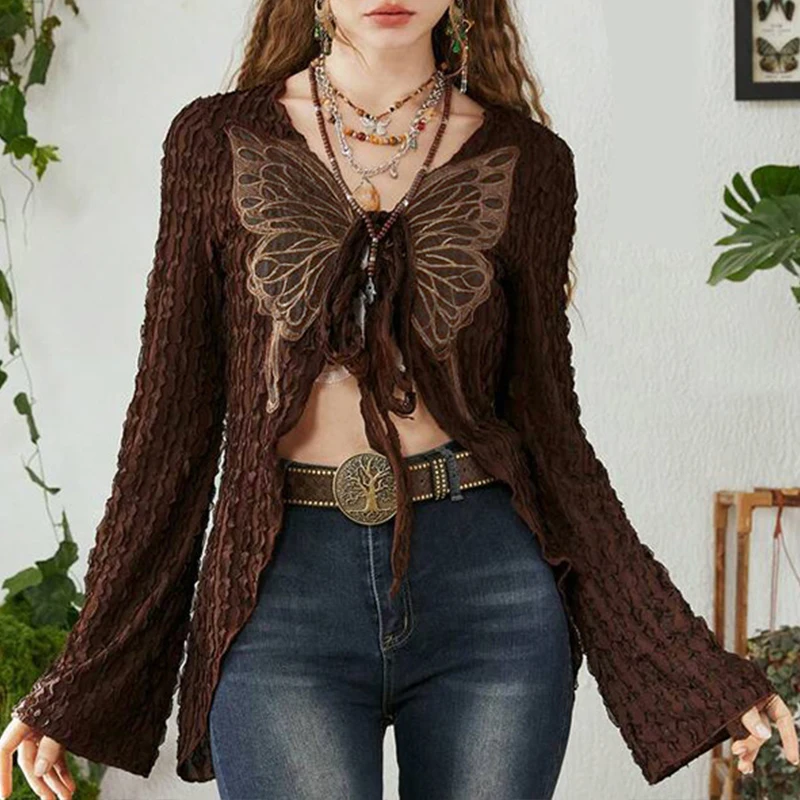 Autumn Gothic Y2K V-Neck T-Shirt Women's Streetwear Korean Fashion Long Sleeve Top