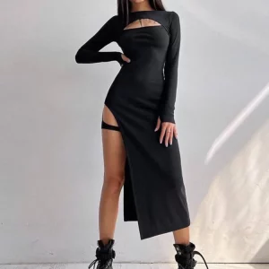 Autumn Sexy Chest Hollow Midi Dress with Split Fork - K-POP Korean Fashion Streetwear for Gen Z & Y2K Women