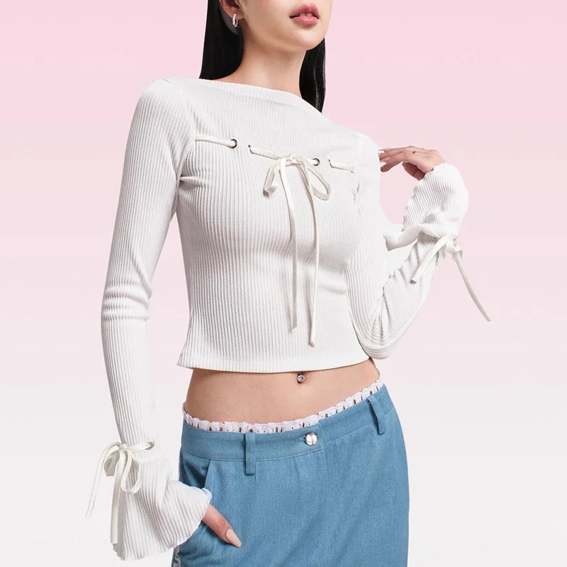 Autumn White Flare Sleeve Lace-up Crop Top | K-POP Streetwear Fashion for Women