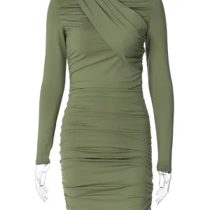 Autumn Women's Solid Long Sleeve Ruched Bodycon Mini Dress - Y2K Fashion for Birthday Party & Club